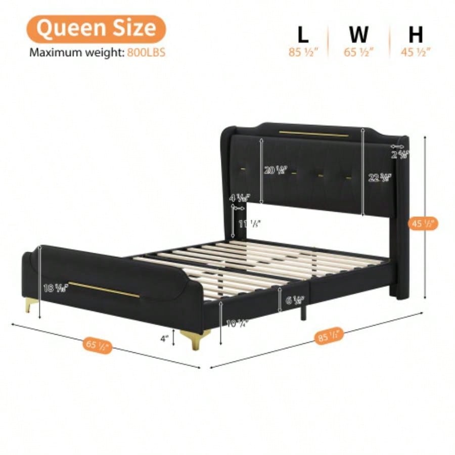 Size Leather Bed frame with Wingback Headboard Footboard, PU Upholstered Platform bed, Solid Wooden Slats Support, Easy Assembly