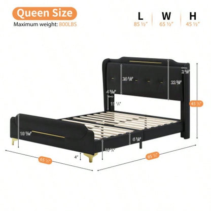 Size Leather Bed frame with Wingback Headboard Footboard, PU Upholstered Platform bed, Solid Wooden Slats Support, Easy Assembly