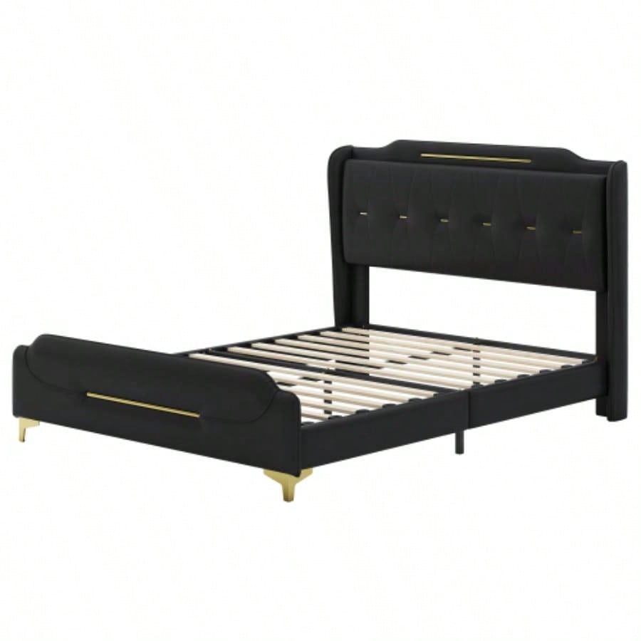 Size Leather Bed frame with Wingback Headboard Footboard, PU Upholstered Platform bed, Solid Wooden Slats Support, Easy Assembly