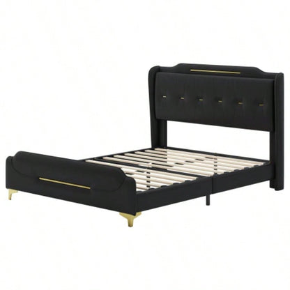 Size Leather Bed frame with Wingback Headboard Footboard, PU Upholstered Platform bed, Solid Wooden Slats Support, Easy Assembly