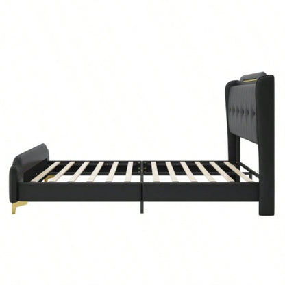 Size Leather Bed frame with Wingback Headboard Footboard, PU Upholstered Platform bed, Solid Wooden Slats Support, Easy Assembly