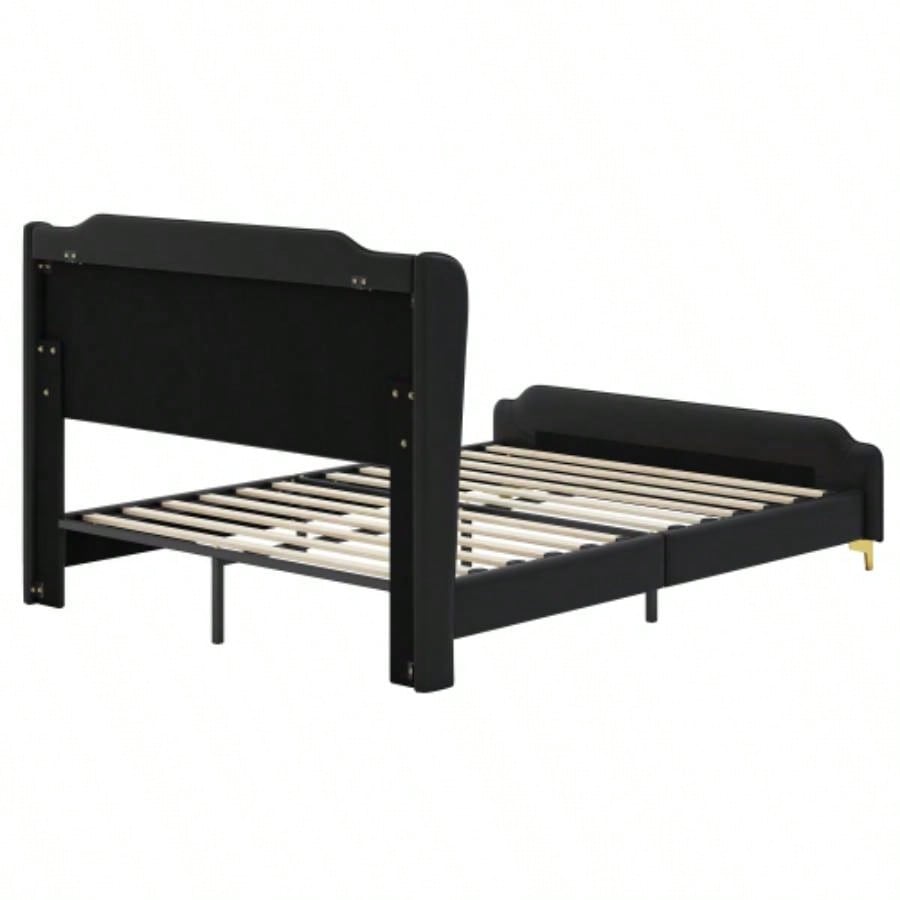 Size Leather Bed frame with Wingback Headboard Footboard, PU Upholstered Platform bed, Solid Wooden Slats Support, Easy Assembly