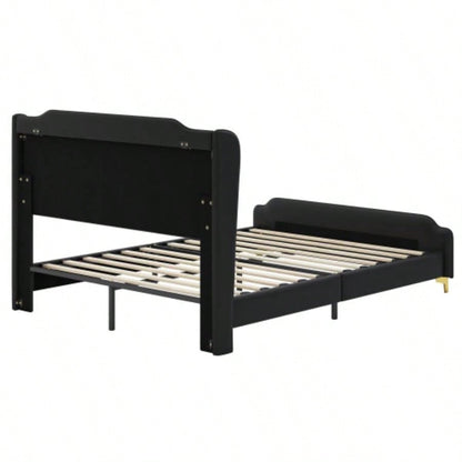Size Leather Bed frame with Wingback Headboard Footboard, PU Upholstered Platform bed, Solid Wooden Slats Support, Easy Assembly