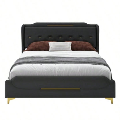 Size Leather Bed frame with Wingback Headboard Footboard, PU Upholstered Platform bed, Solid Wooden Slats Support, Easy Assembly