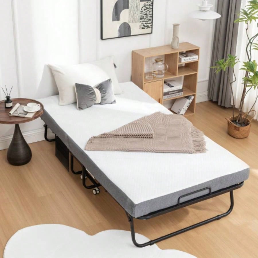 Folding Bed with Mattress, SPortable Foldable Bed with Storage Cover, SRollaway Bed Adults with Foam Mattress and Metal Frame, SCot Size Guest Bed on Wheels, 75x 38 inch