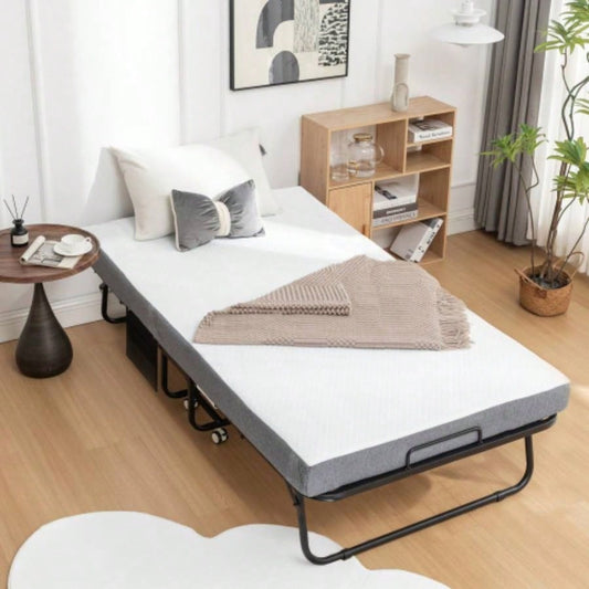 Folding Bed with Mattress, SPortable Foldable Bed with Storage Cover, SRollaway Bed Adults with Foam Mattress and Metal Frame, SCot Size Guest Bed on Wheels, 75x 38 inch