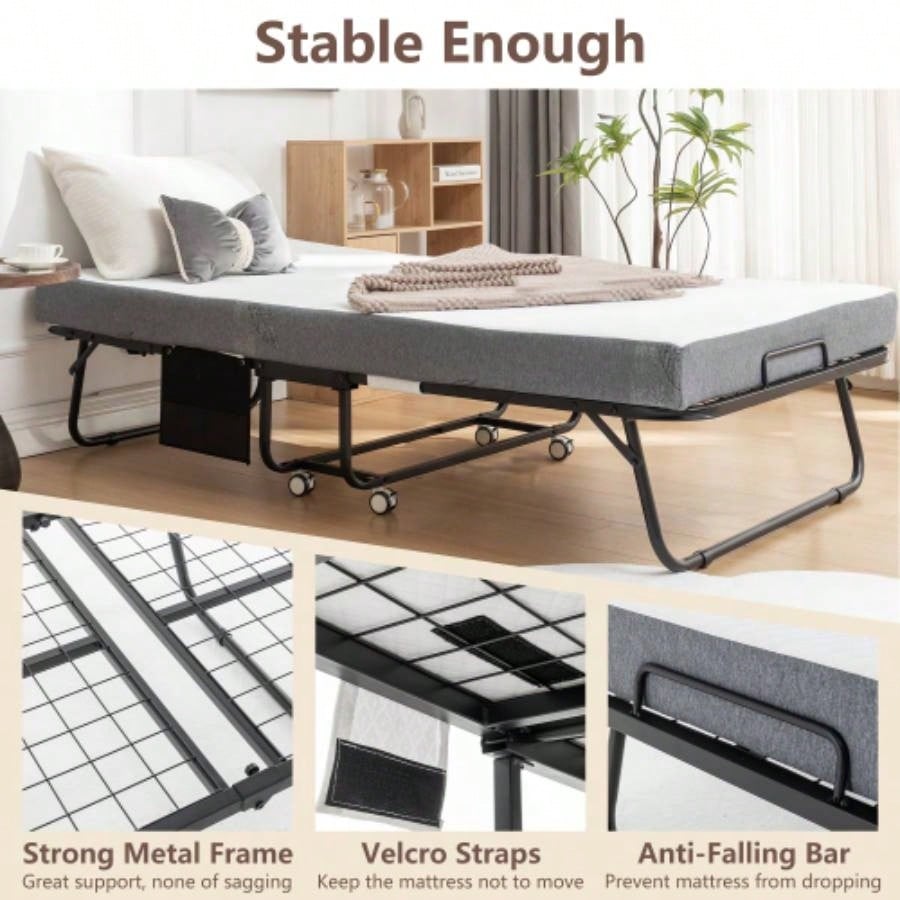 Folding Bed with Mattress, SPortable Foldable Bed with Storage Cover, SRollaway Bed Adults with Foam Mattress and Metal Frame, SCot Size Guest Bed on Wheels, 75x 38 inch