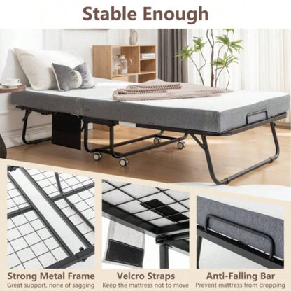 Folding Bed with Mattress, SPortable Foldable Bed with Storage Cover, SRollaway Bed Adults with Foam Mattress and Metal Frame, SCot Size Guest Bed on Wheels, 75x 38 inch