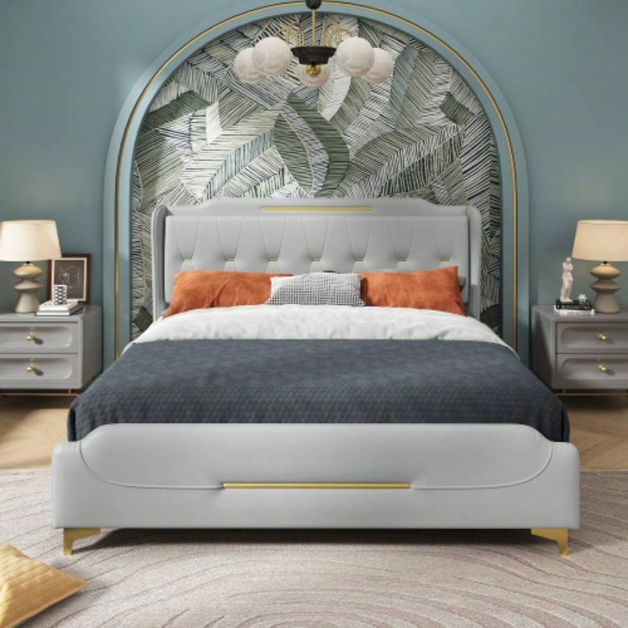 Size Leather Bed frame with Wingback Headboard Footboard, PU Upholstered Platform bed, Solid Wooden Slats Support, Easy Assembly