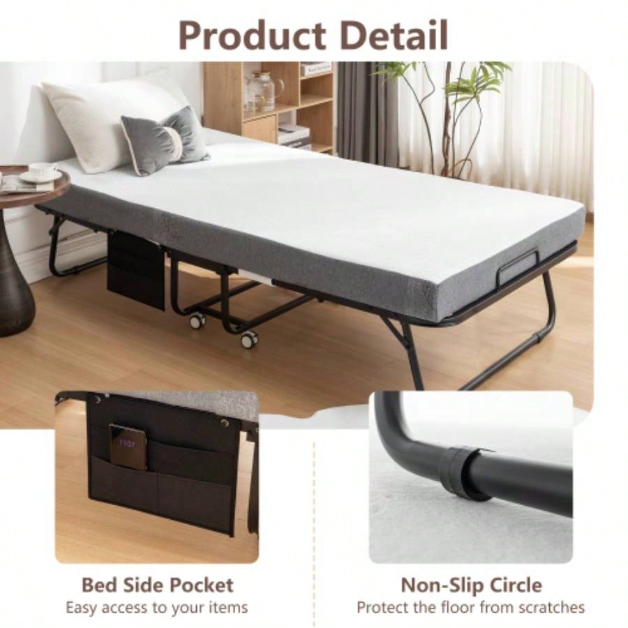 Folding Bed with Mattress, SPortable Foldable Bed with Storage Cover, SRollaway Bed Adults with Foam Mattress and Metal Frame, SCot Size Guest Bed on Wheels, 75x 38 inch
