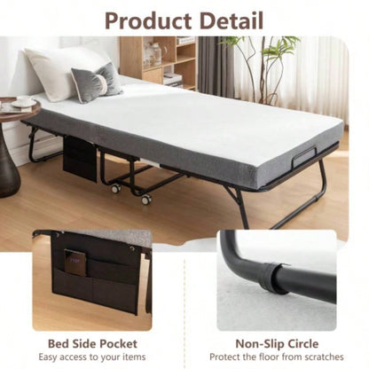 Folding Bed with Mattress, SPortable Foldable Bed with Storage Cover, SRollaway Bed Adults with Foam Mattress and Metal Frame, SCot Size Guest Bed on Wheels, 75x 38 inch