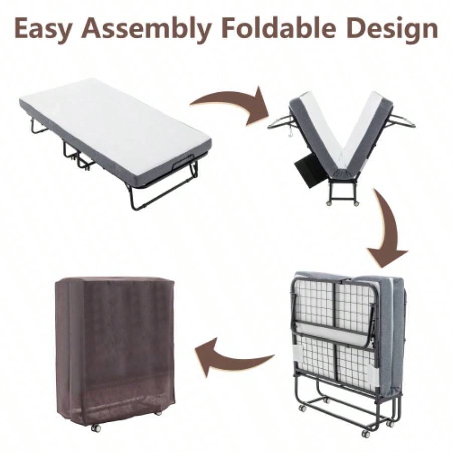 Folding Bed with Mattress, SPortable Foldable Bed with Storage Cover, SRollaway Bed Adults with Foam Mattress and Metal Frame, SCot Size Guest Bed on Wheels, 75x 38 inch