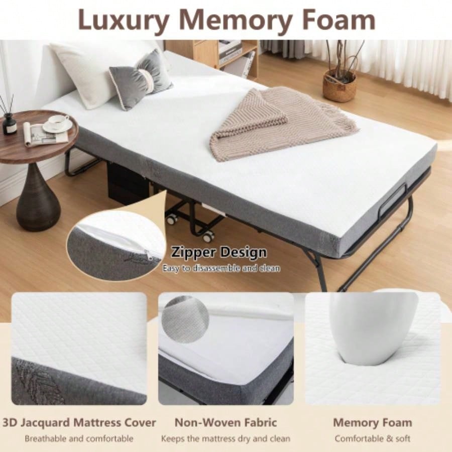 Folding Bed with Mattress, SPortable Foldable Bed with Storage Cover, SRollaway Bed Adults with Foam Mattress and Metal Frame, SCot Size Guest Bed on Wheels, 75x 38 inch