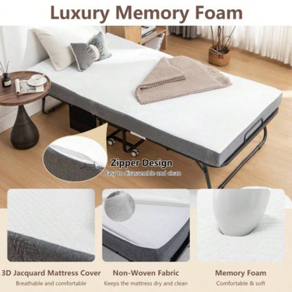 Folding Bed with Mattress, SPortable Foldable Bed with Storage Cover, SRollaway Bed Adults with Foam Mattress and Metal Frame, SCot Size Guest Bed on Wheels, 75x 38 inch