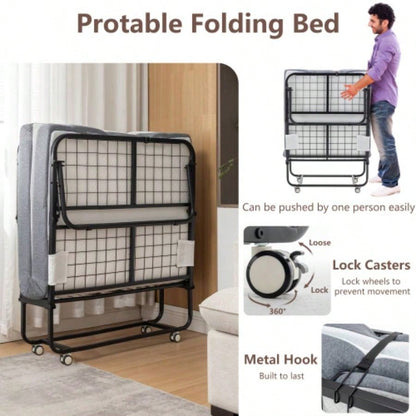 Folding Bed with Mattress, SPortable Foldable Bed with Storage Cover, SRollaway Bed Adults with Foam Mattress and Metal Frame, SCot Size Guest Bed on Wheels, 75x 38 inch