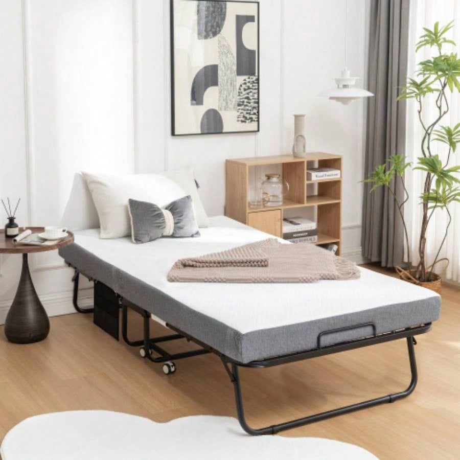 Folding Bed with Mattress, SPortable Foldable Bed with Storage Cover, SRollaway Bed Adults with Foam Mattress and Metal Frame, SCot Size Guest Bed on Wheels, 75x 38 inch
