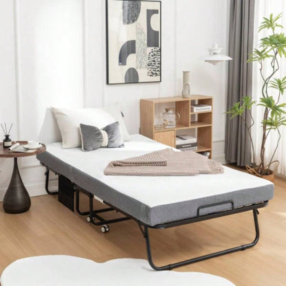 Folding Bed with Mattress, SPortable Foldable Bed with Storage Cover, SRollaway Bed Adults with Foam Mattress and Metal Frame, SCot Size Guest Bed on Wheels, 75x 38 inch