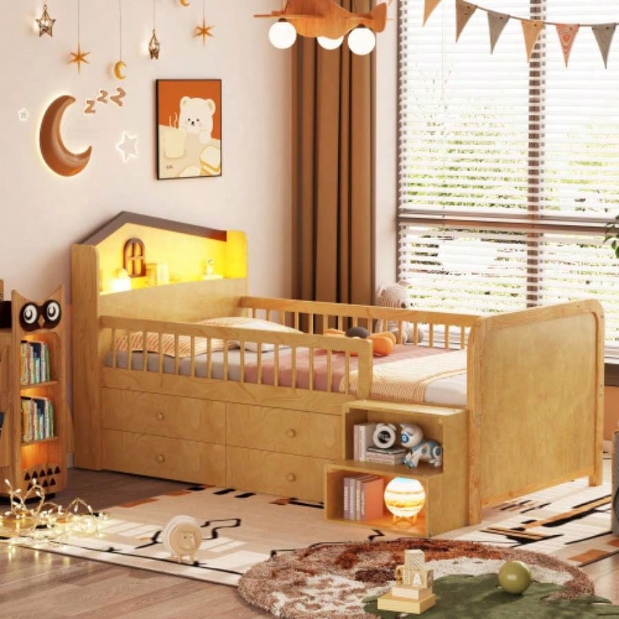 Low Loft Bed with LED Lights, Wooden Twin Loft Bed with House Shape Headboard, Kids Loft Bed with Storage Drawers, Natural Expect Arrival Date 2025/1/20