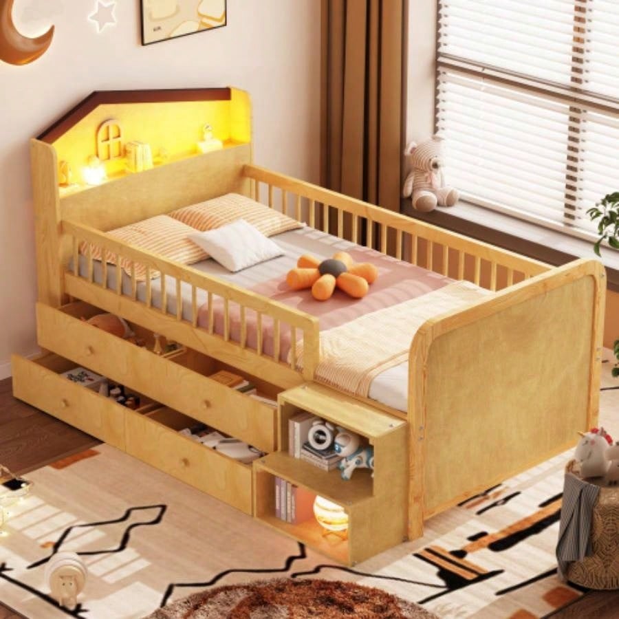 Low Loft Bed with LED Lights, Wooden Twin Loft Bed with House Shape Headboard, Kids Loft Bed with Storage Drawers, Natural Expect Arrival Date 2025/1/20