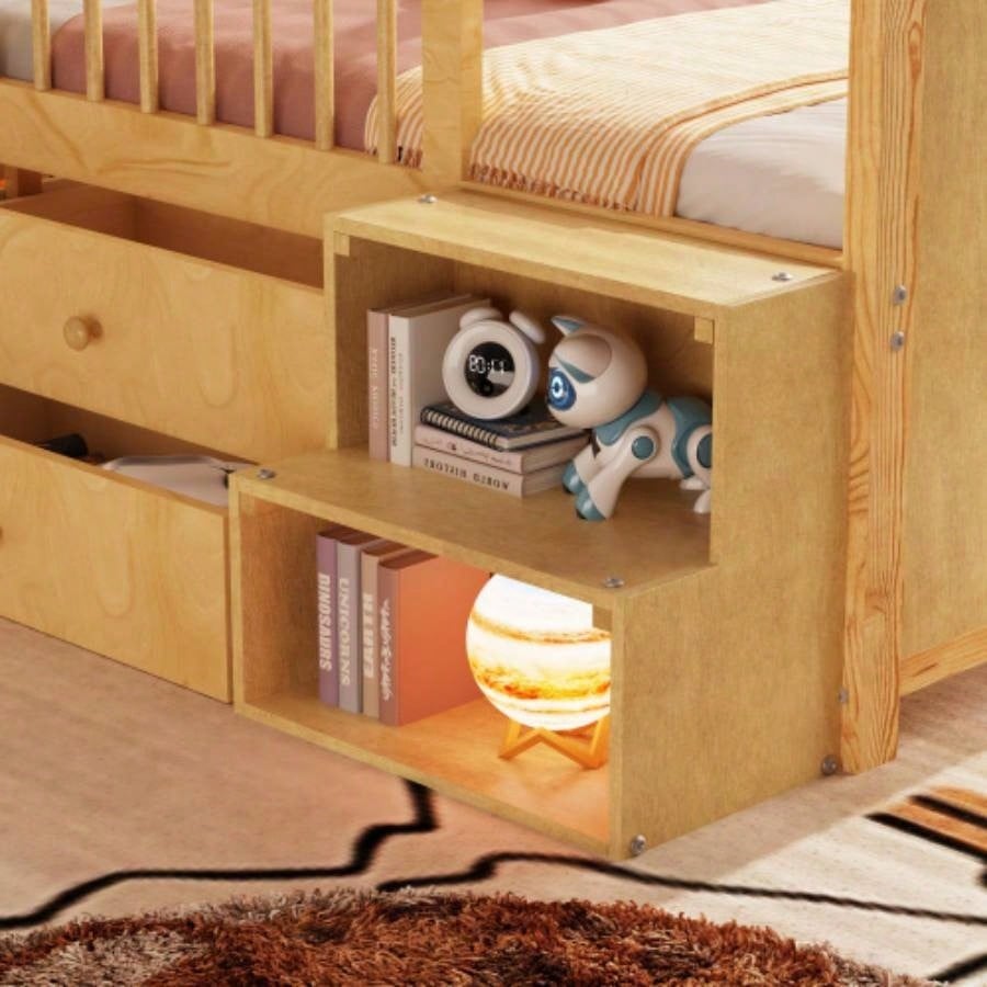 Low Loft Bed with LED Lights, Wooden Twin Loft Bed with House Shape Headboard, Kids Loft Bed with Storage Drawers, Natural Expect Arrival Date 2025/1/20