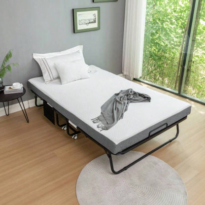 Folding Bed with Mattress, SPortable Foldable Bed with Storage Cover, SRollaway Bed Adults with Foam Mattress and Metal Frame, SCot Size Guest Bed on Wheels, 75x 38 inch