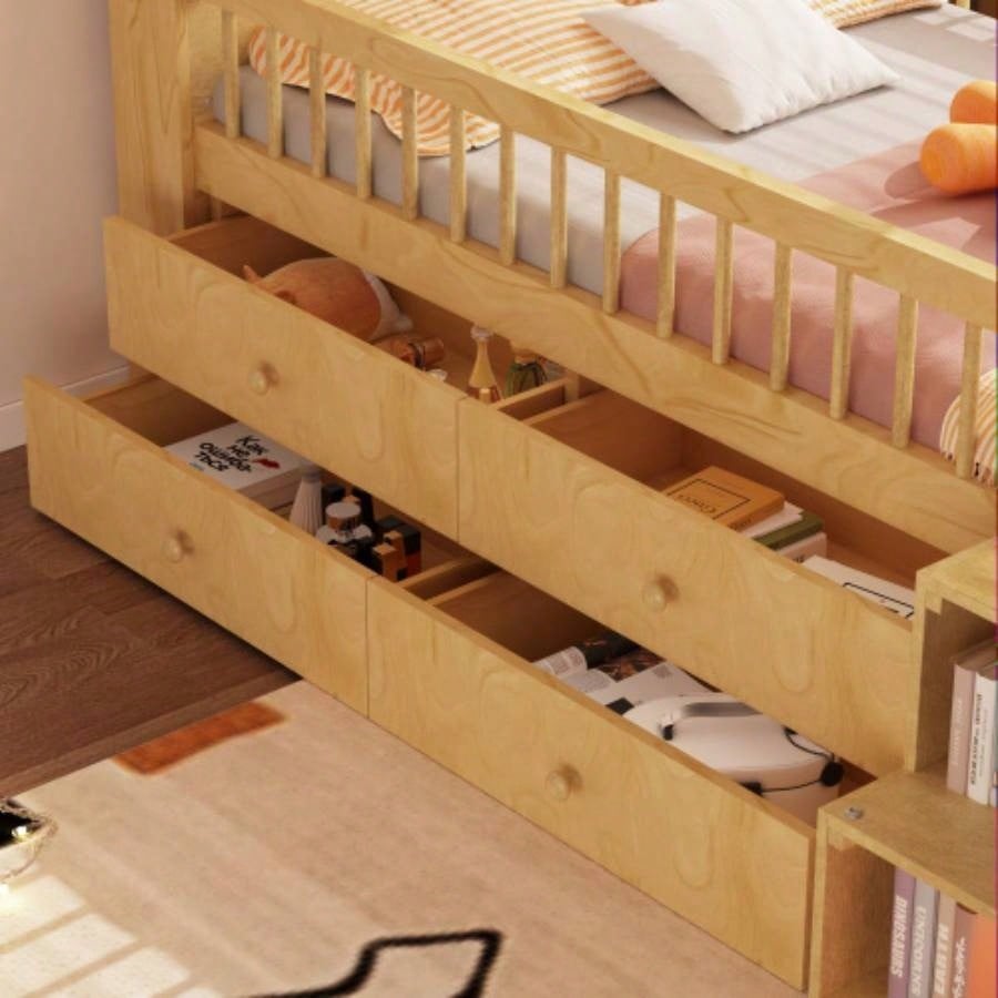 Low Loft Bed with LED Lights, Wooden Twin Loft Bed with House Shape Headboard, Kids Loft Bed with Storage Drawers, Natural Expect Arrival Date 2025/1/20