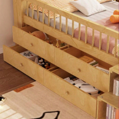 Low Loft Bed with LED Lights, Wooden Twin Loft Bed with House Shape Headboard, Kids Loft Bed with Storage Drawers, Natural Expect Arrival Date 2025/1/20