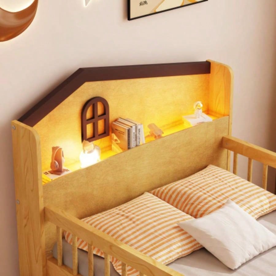 Low Loft Bed with LED Lights, Wooden Twin Loft Bed with House Shape Headboard, Kids Loft Bed with Storage Drawers, Natural Expect Arrival Date 2025/1/20