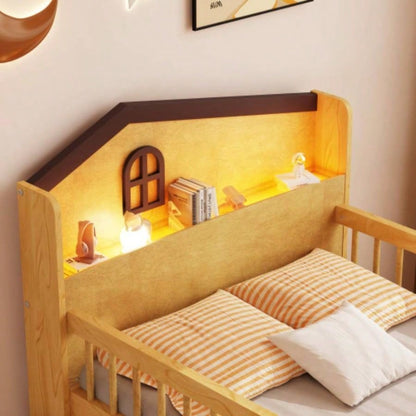 Low Loft Bed with LED Lights, Wooden Twin Loft Bed with House Shape Headboard, Kids Loft Bed with Storage Drawers, Natural Expect Arrival Date 2025/1/20