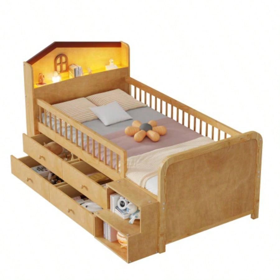 Low Loft Bed with LED Lights, Wooden Twin Loft Bed with House Shape Headboard, Kids Loft Bed with Storage Drawers, Natural Expect Arrival Date 2025/1/20