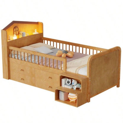 Low Loft Bed with LED Lights, Wooden Twin Loft Bed with House Shape Headboard, Kids Loft Bed with Storage Drawers, Natural Expect Arrival Date 2025/1/20