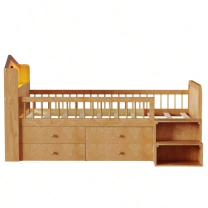 Low Loft Bed with LED Lights, Wooden Twin Loft Bed with House Shape Headboard, Kids Loft Bed with Storage Drawers, Natural Expect Arrival Date 2025/1/20