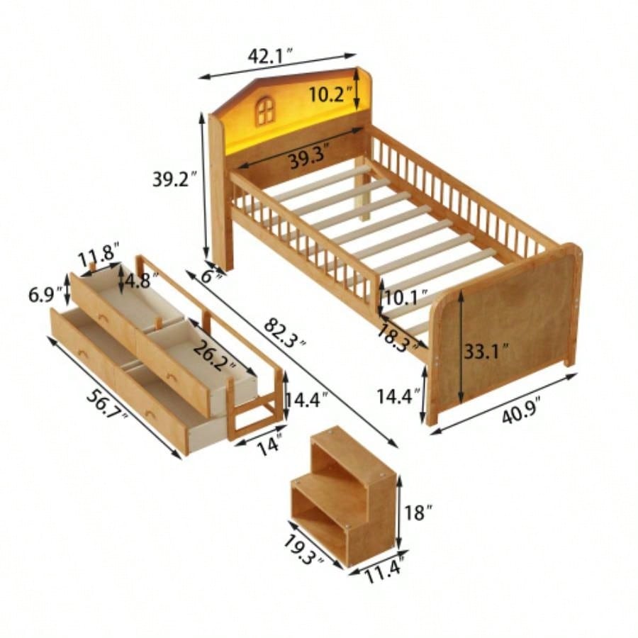 Low Loft Bed with LED Lights, Wooden Twin Loft Bed with House Shape Headboard, Kids Loft Bed with Storage Drawers, Natural Expect Arrival Date 2025/1/20
