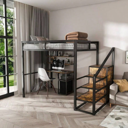 Full - Size Loft Bed/Desk Wardrobe - Heavy Metal Frame, Built - In Staircase, Storage Rack Shelves - Gaming Bed Adults/Teens Black - Computer Desk/USB Outlet Black