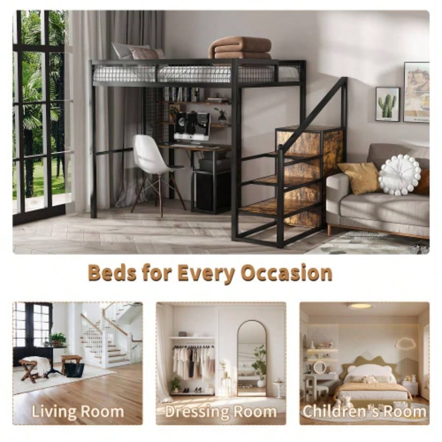 Full - Size Loft Bed/Desk Wardrobe - Heavy Metal Frame, Built - In Staircase, Storage Rack Shelves - Gaming Bed Adults/Teens Black - Computer Desk/USB Outlet Black