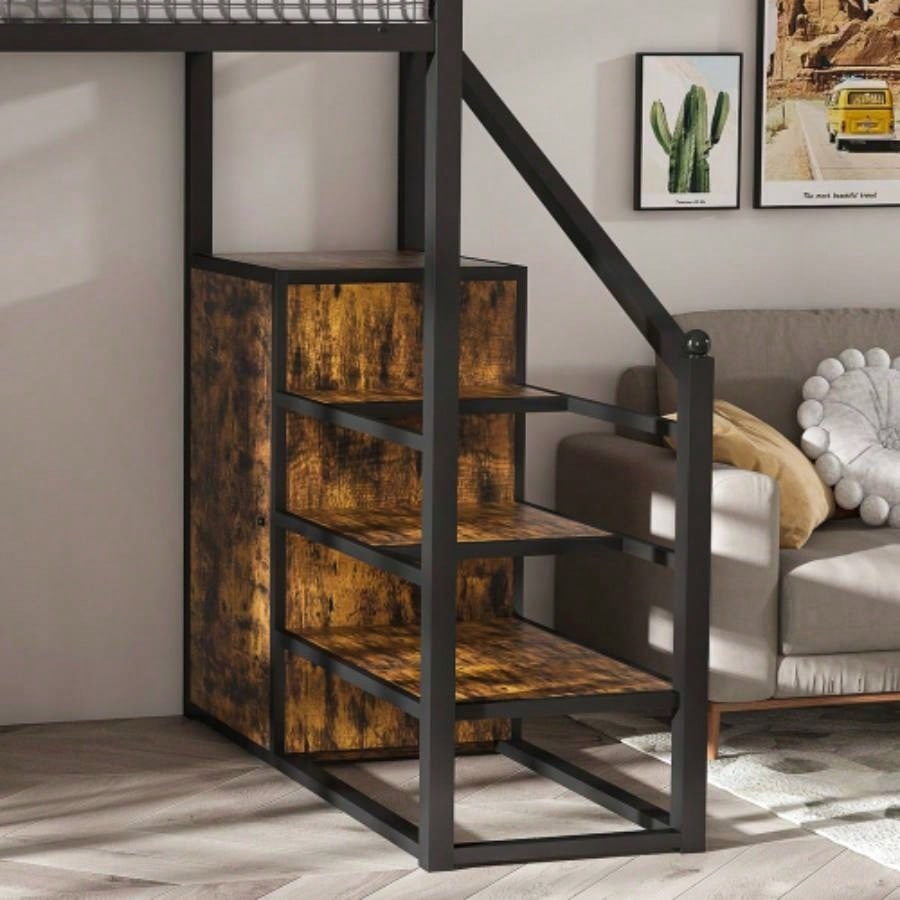 Full - Size Loft Bed/Desk Wardrobe - Heavy Metal Frame, Built - In Staircase, Storage Rack Shelves - Gaming Bed Adults/Teens Black - Computer Desk/USB Outlet Black