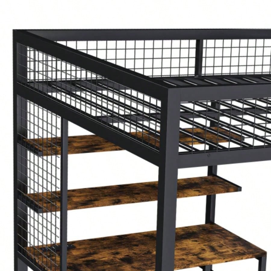 Full - Size Loft Bed/Desk Wardrobe - Heavy Metal Frame, Built - In Staircase, Storage Rack Shelves - Gaming Bed Adults/Teens Black - Computer Desk/USB Outlet Black