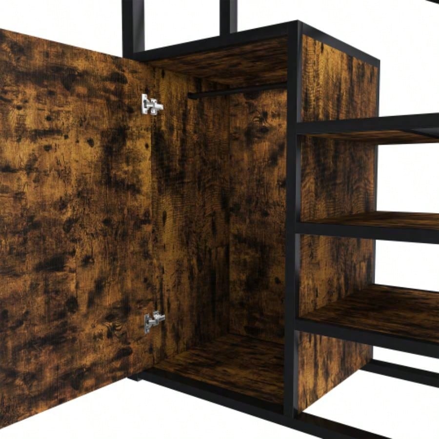 Full - Size Loft Bed/Desk Wardrobe - Heavy Metal Frame, Built - In Staircase, Storage Rack Shelves - Gaming Bed Adults/Teens Black - Computer Desk/USB Outlet Black