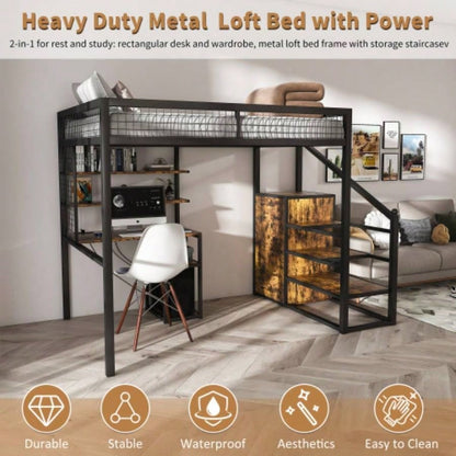 Full - Size Loft Bed/Desk Wardrobe - Heavy Metal Frame, Built - In Staircase, Storage Rack Shelves - Gaming Bed Adults/Teens Black - Computer Desk/USB Outlet Black