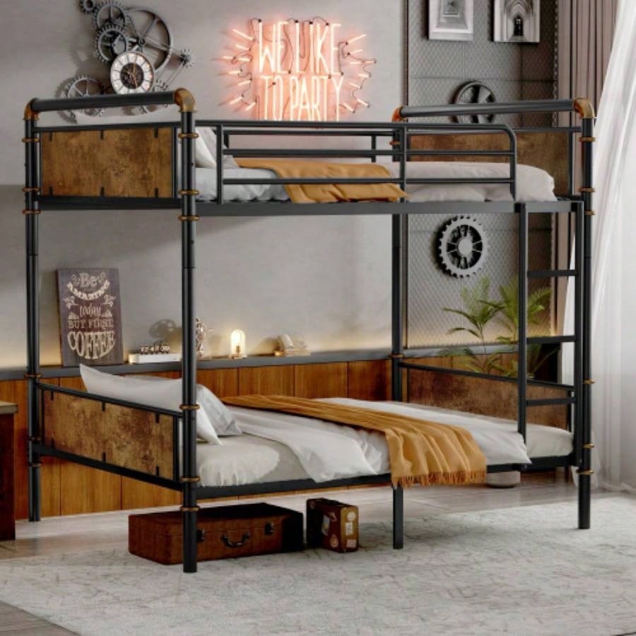 Twin XL over Twin XL Metal Bunk Bed, Industrial Detachable Bunkbeds with Safety Guard Rails Teens, BlackOld SKU W2580P266269