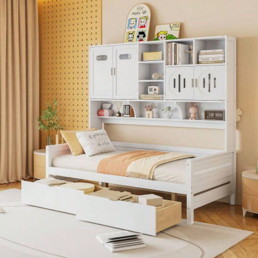 Twin Size Wooden Daybed With 2 Drawers, and All - in - One Cabinet and Shelf, White
