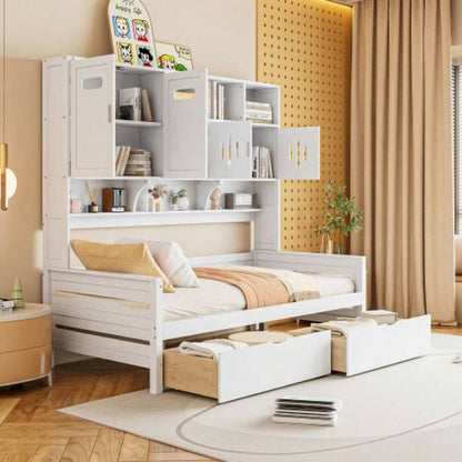 Twin Size Wooden Daybed With 2 Drawers, and All - in - One Cabinet and Shelf, White