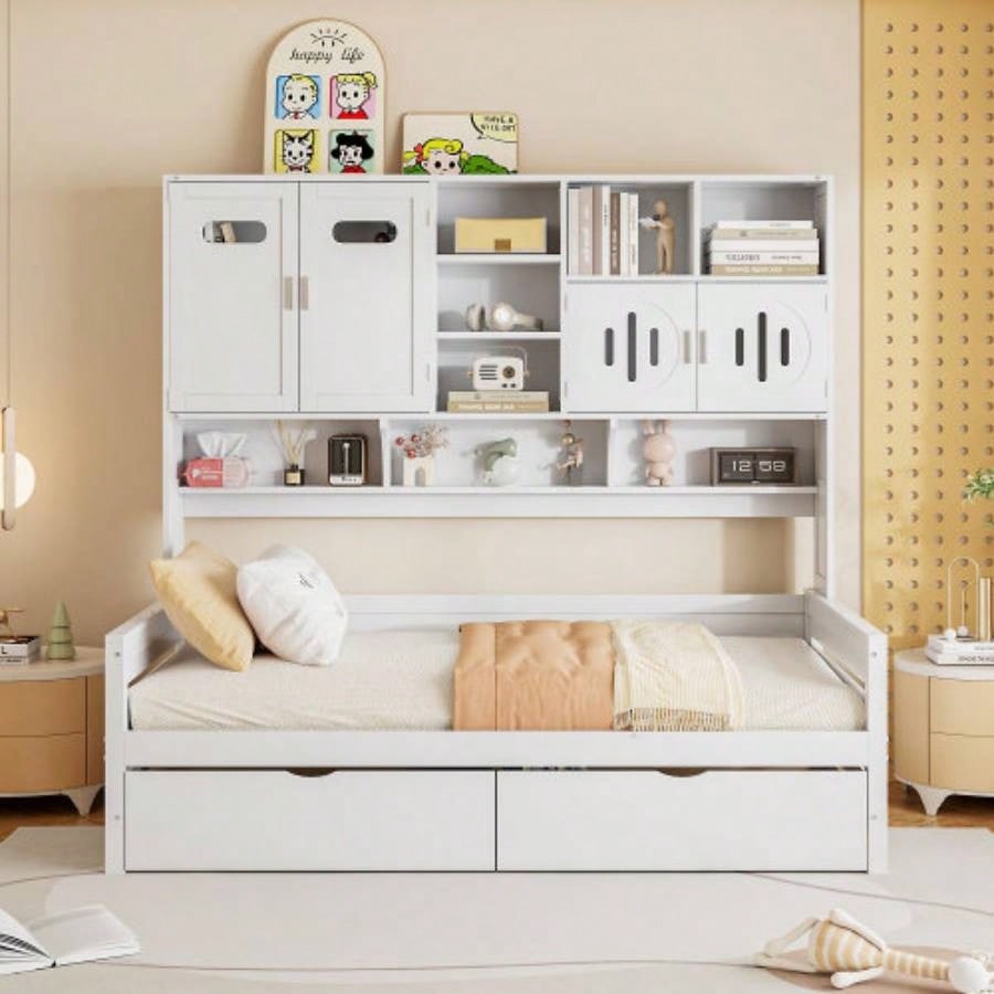 Twin Size Wooden Daybed With 2 Drawers, and All - in - One Cabinet and Shelf, White