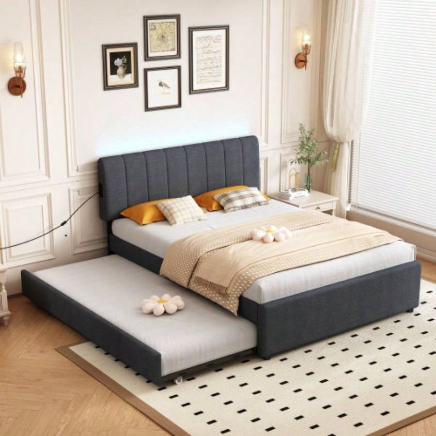 Full Size Upholstered Platform Bed with Twin Size Trundle and 1 sets of USB, with Remote control Intelligence LED Lights with APP, Linen Fabric, Dark