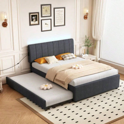 Full Size Upholstered Platform Bed with Twin Size Trundle and 1 sets of USB, with Remote control Intelligence LED Lights with APP, Linen Fabric, Dark