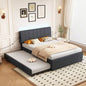 Full Size Upholstered Platform Bed with Twin Size Trundle and 1 sets of USB, with Remote control Intelligence LED Lights with APP, Linen Fabric, Dark