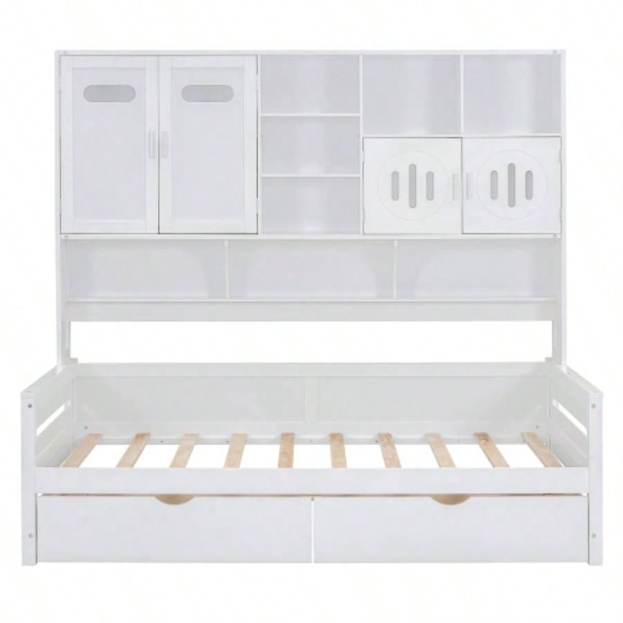 Twin Size Wooden Daybed With 2 Drawers, and All - in - One Cabinet and Shelf, White