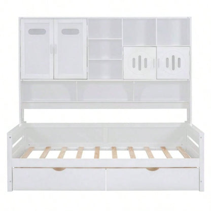 Twin Size Wooden Daybed With 2 Drawers, and All - in - One Cabinet and Shelf, White
