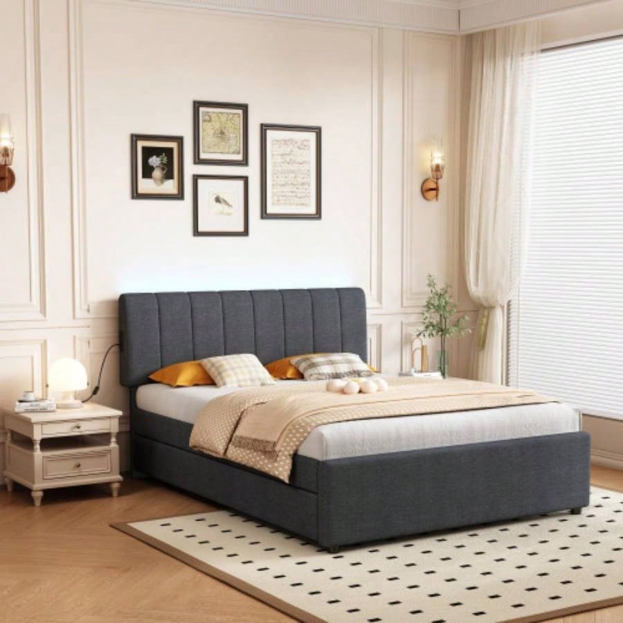 Full Size Upholstered Platform Bed with Twin Size Trundle and 1 sets of USB, with Remote control Intelligence LED Lights with APP, Linen Fabric, Dark