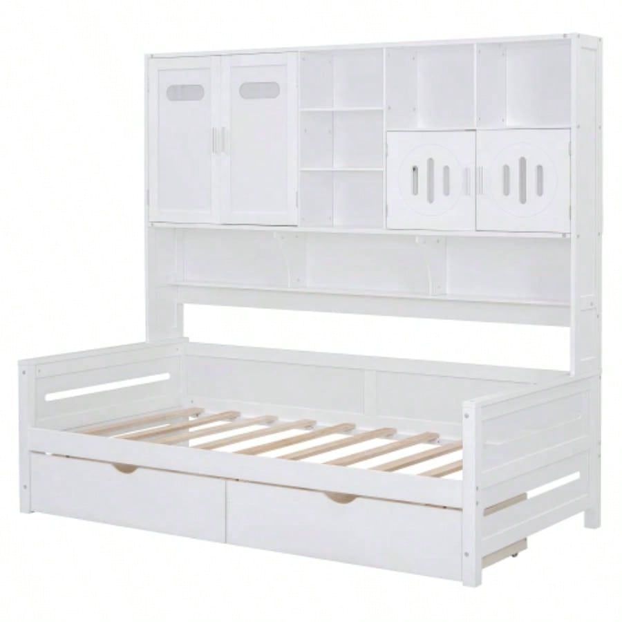 Twin Size Wooden Daybed With 2 Drawers, and All - in - One Cabinet and Shelf, White